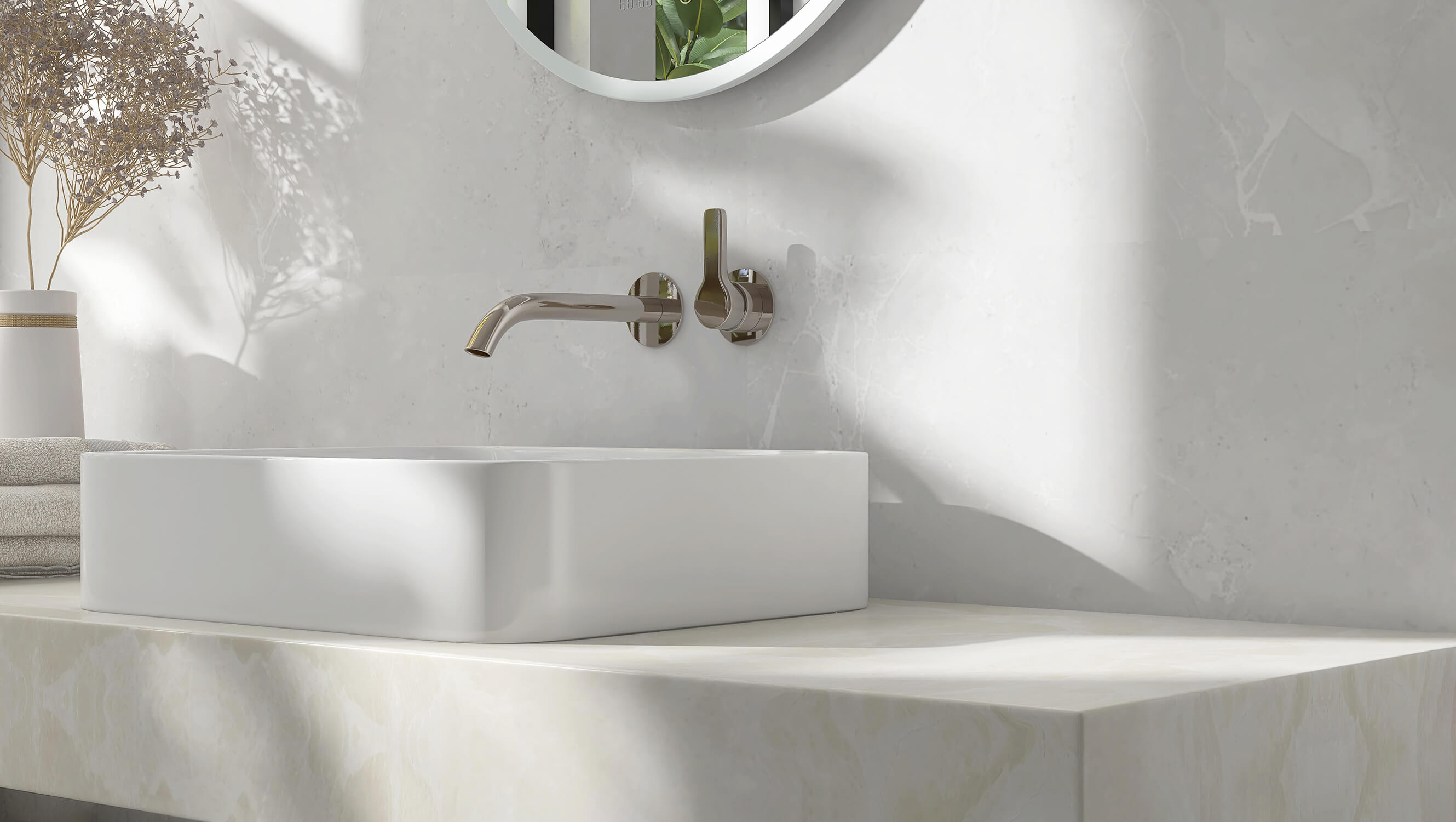 Bathroom Sink with Quartz Countertop and Backwall
