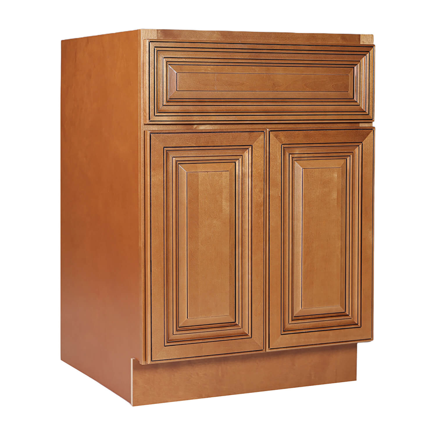 Wooden cabinet with two doors and a drawer on a white background