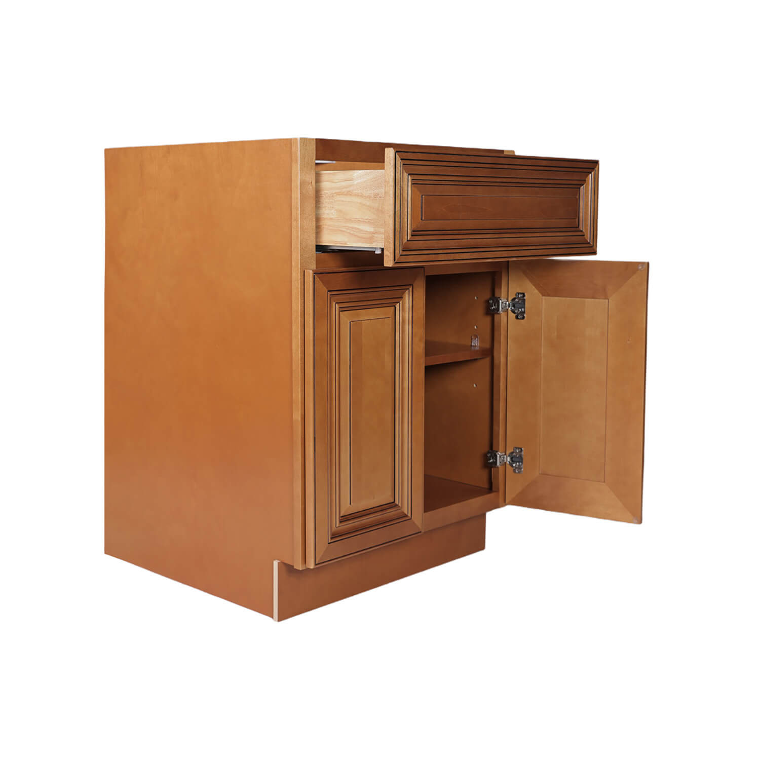 Wooden cabinet with open doors on a white background