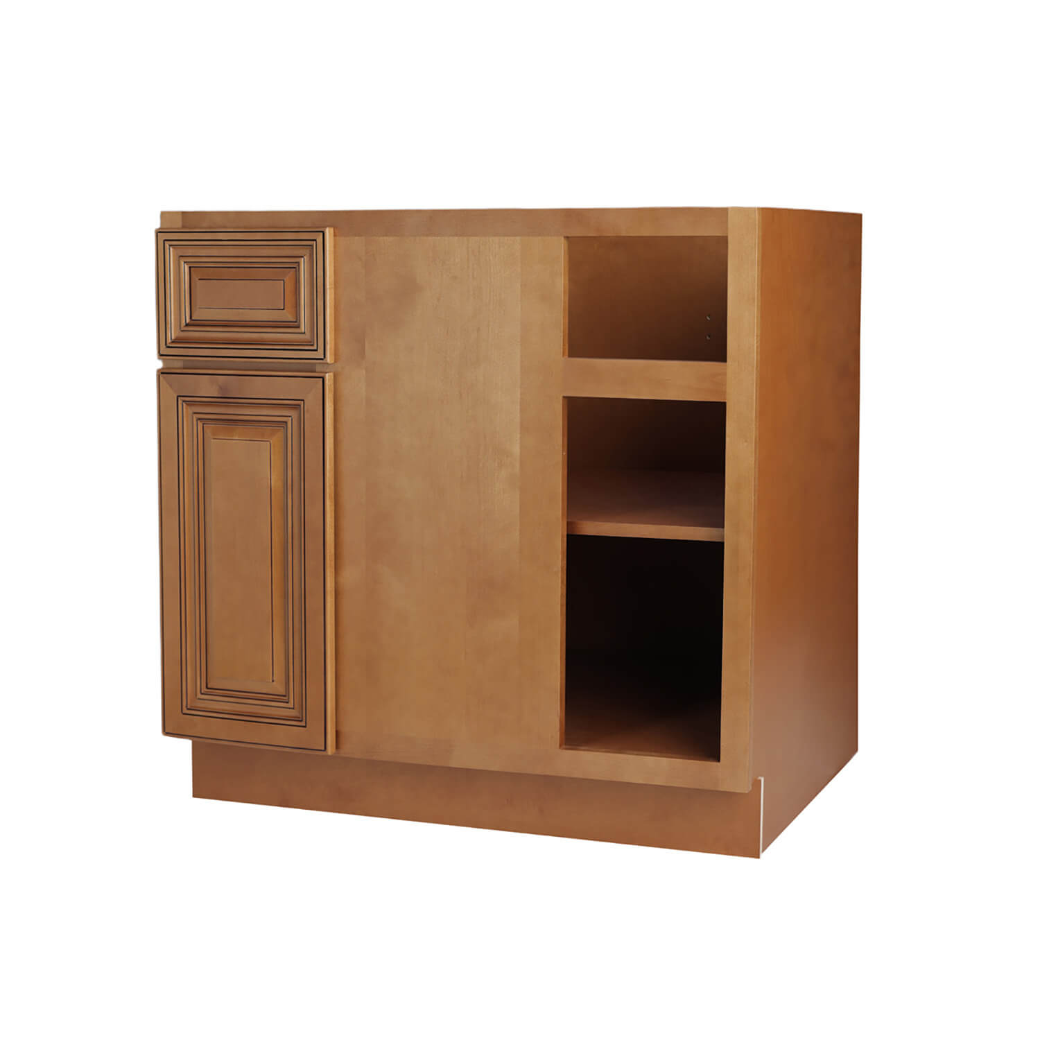 Wooden cabinet with a door and two shelves on a white background