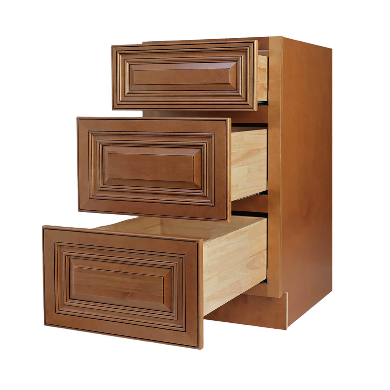 Wooden cabinet with three drawers on a white background