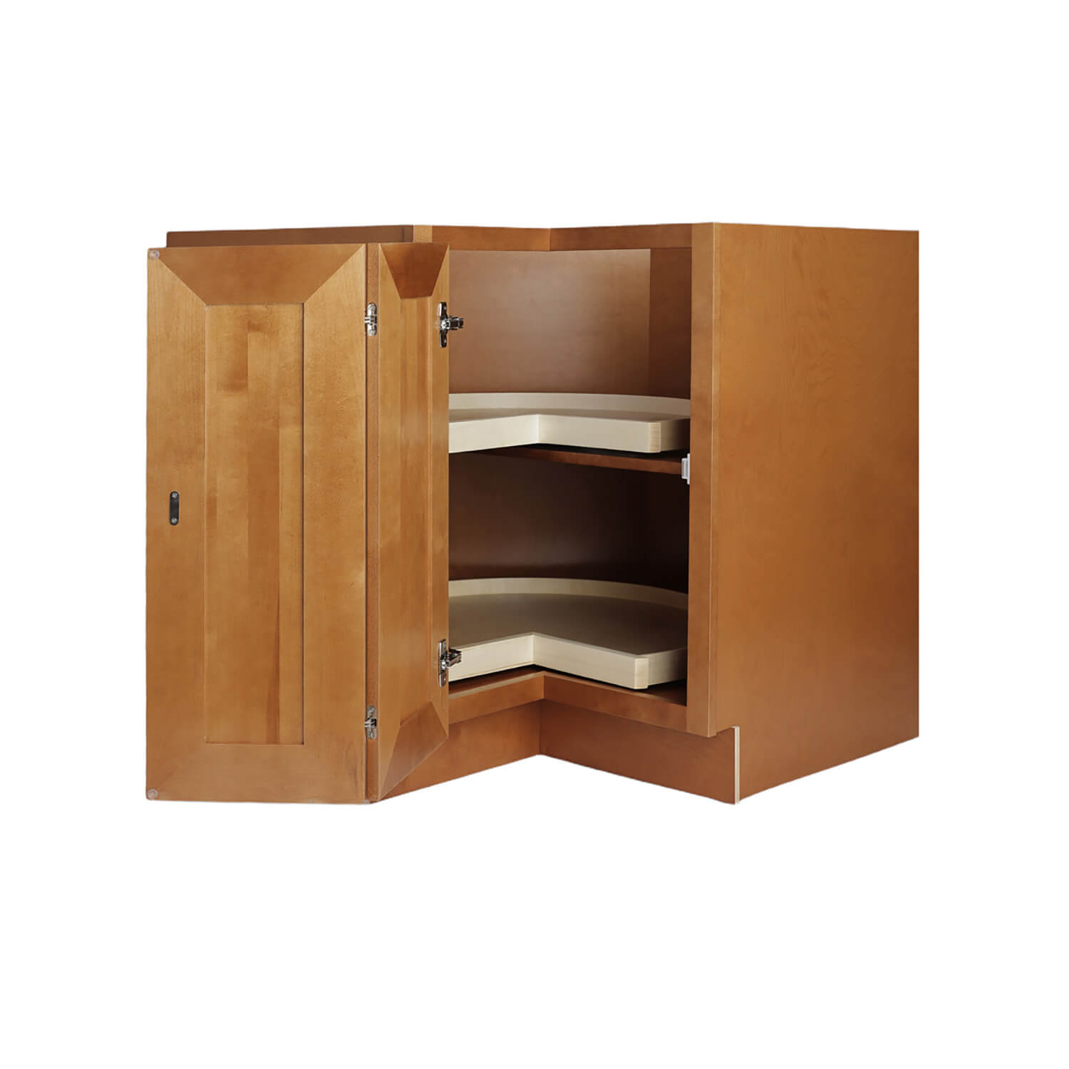 Wooden corner cabinet with open doors on a white background