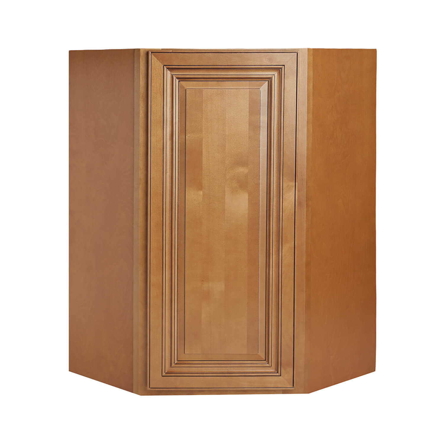 Wooden corner cabinet with a plain design on a white background