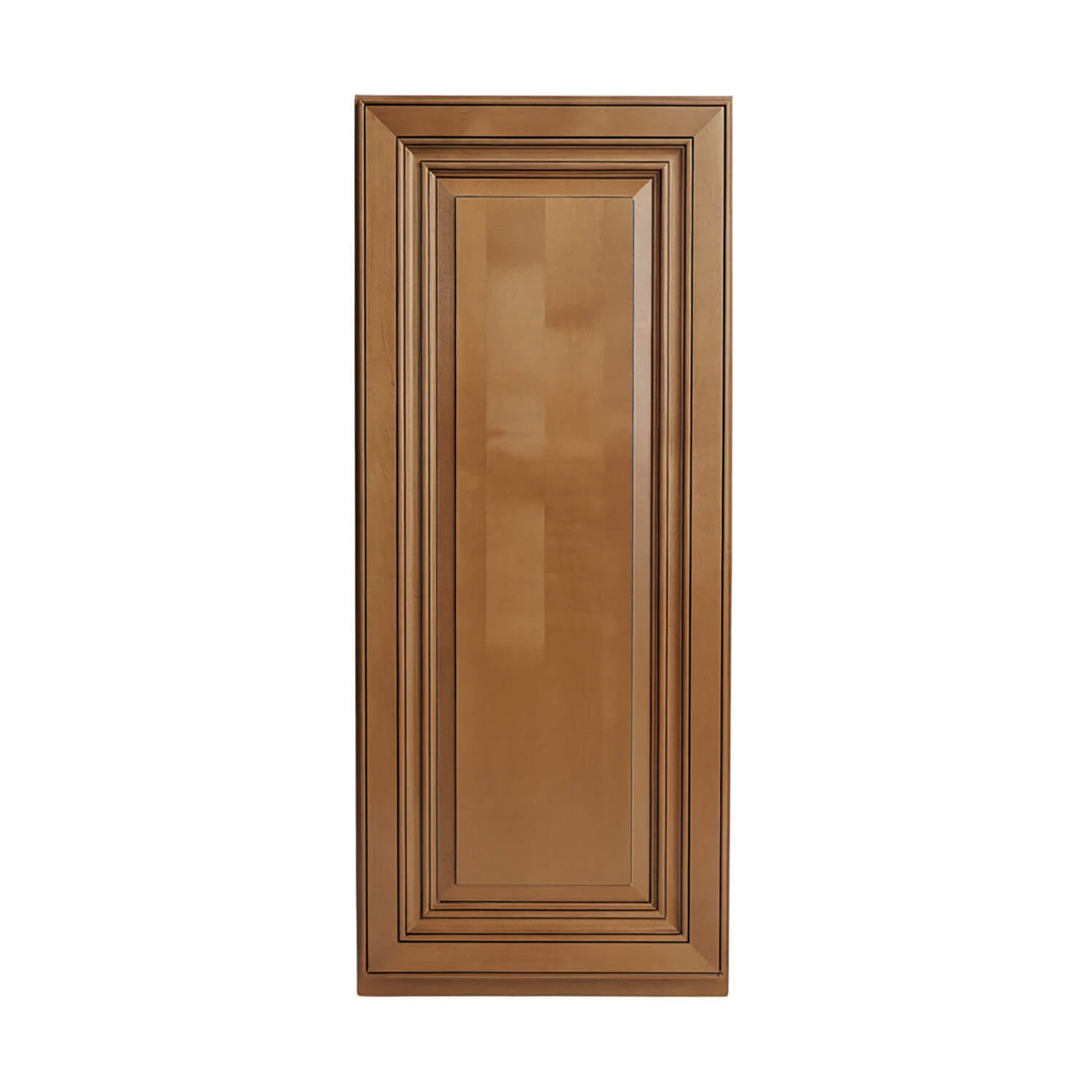Wooden cabinet door with a brown finish on a white background