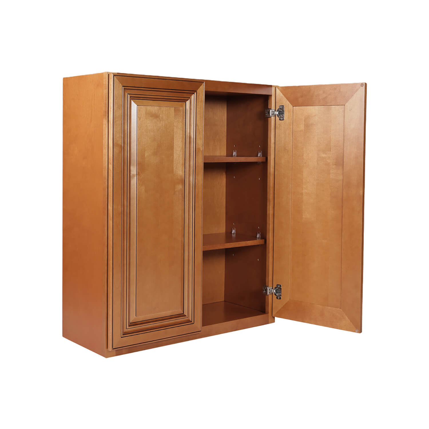 Wooden cabinet with open doors on a white background