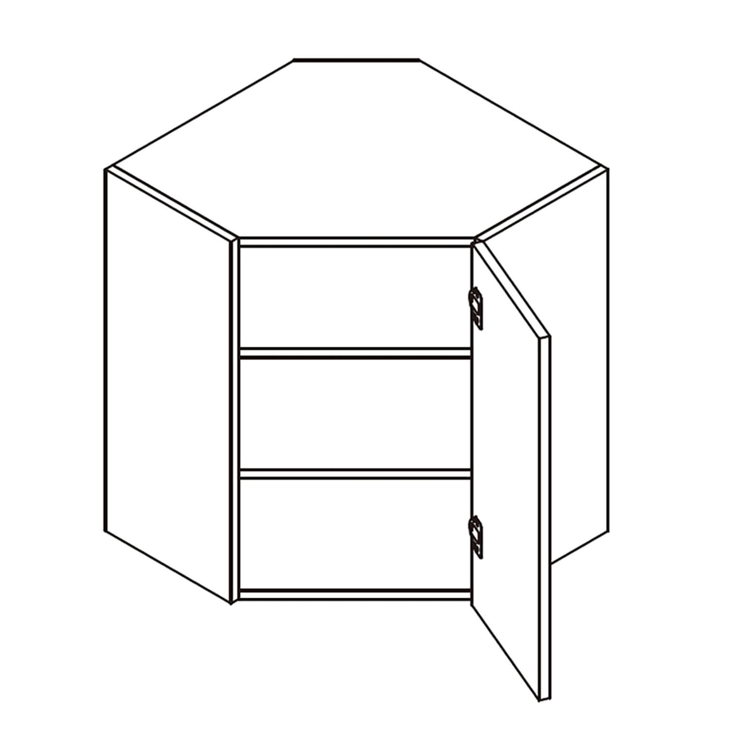 Line drawing of a hexagonal cabinet with an open door