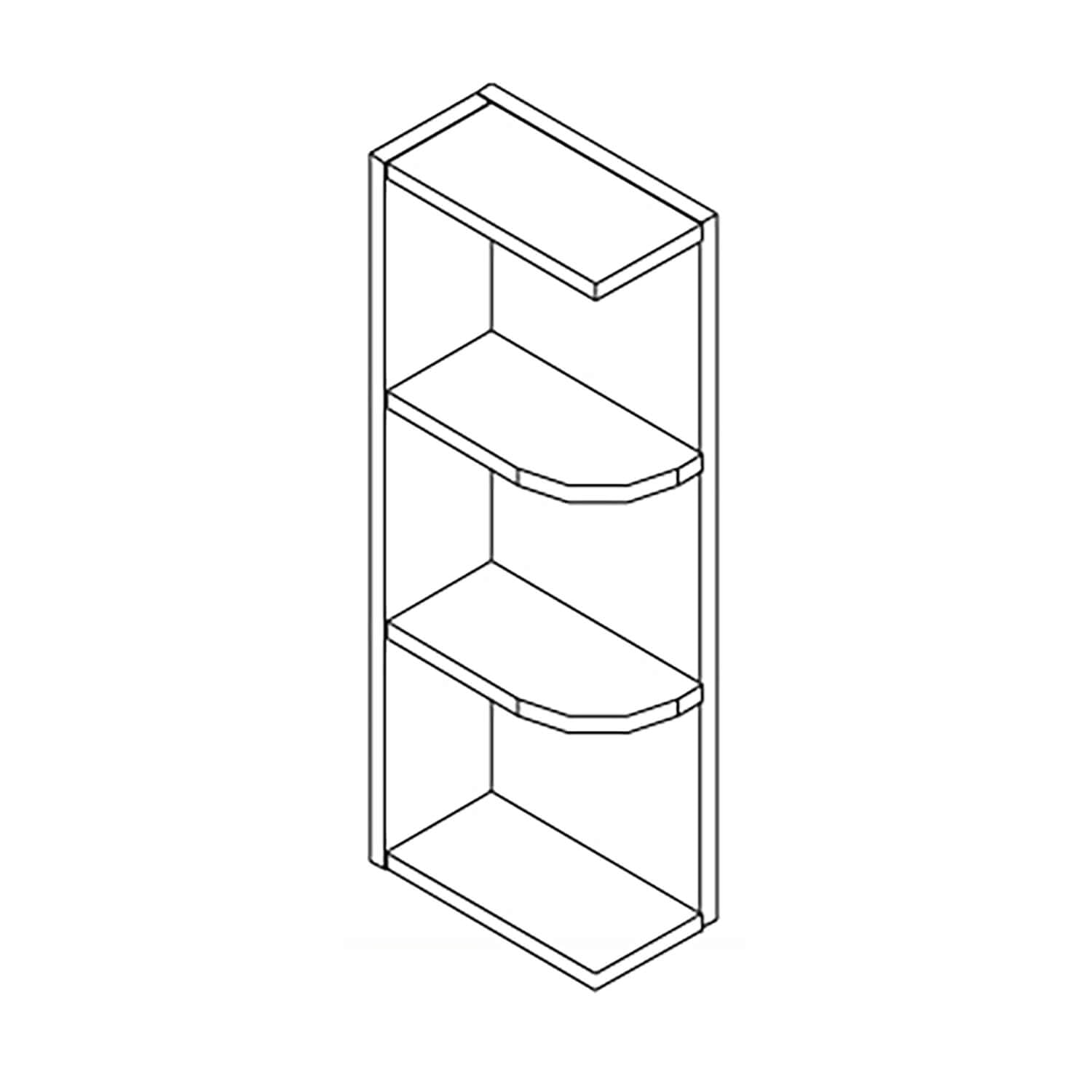 Line drawing of a corner shelf unit with four shelves on a white background