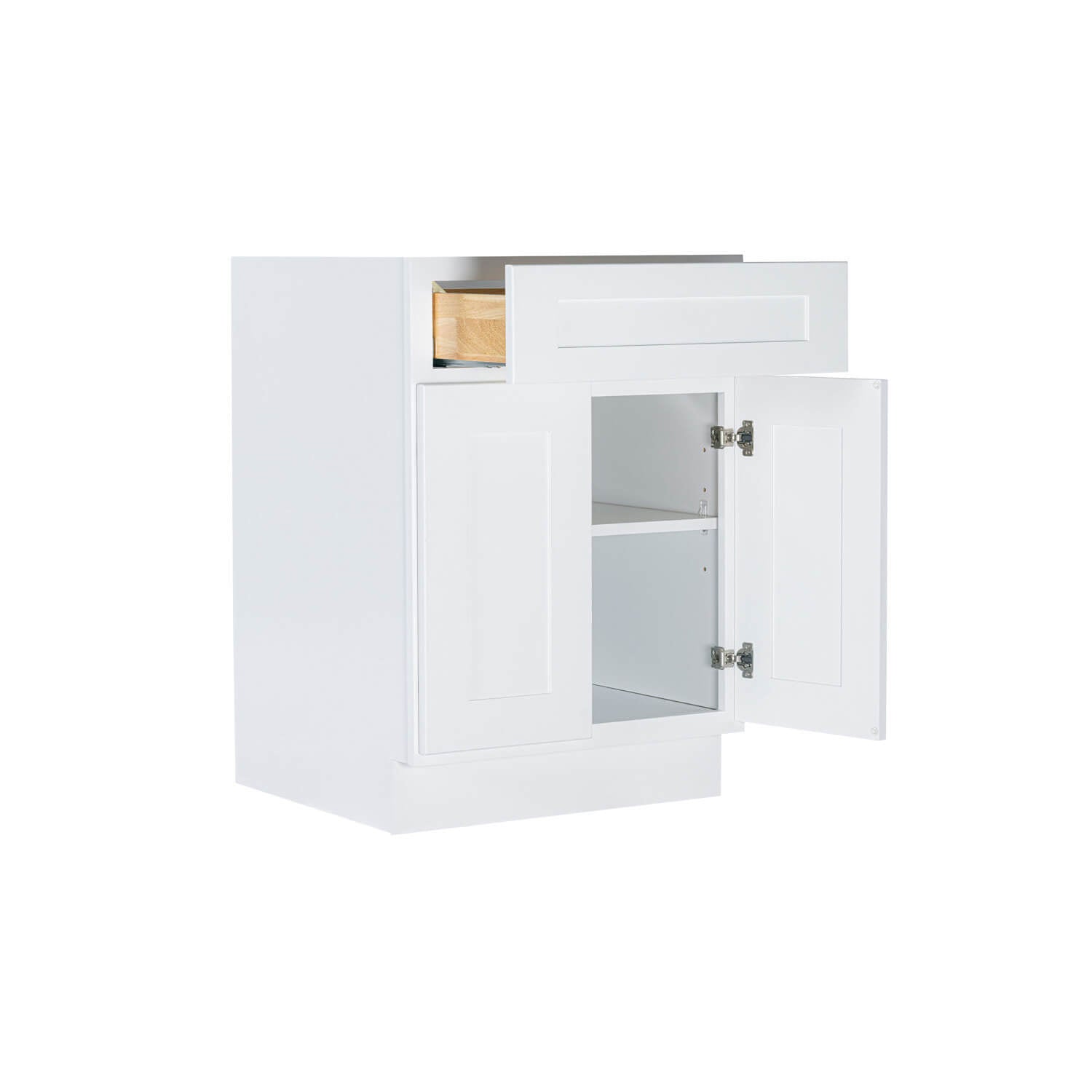 White cabinet with open doors on a white background
