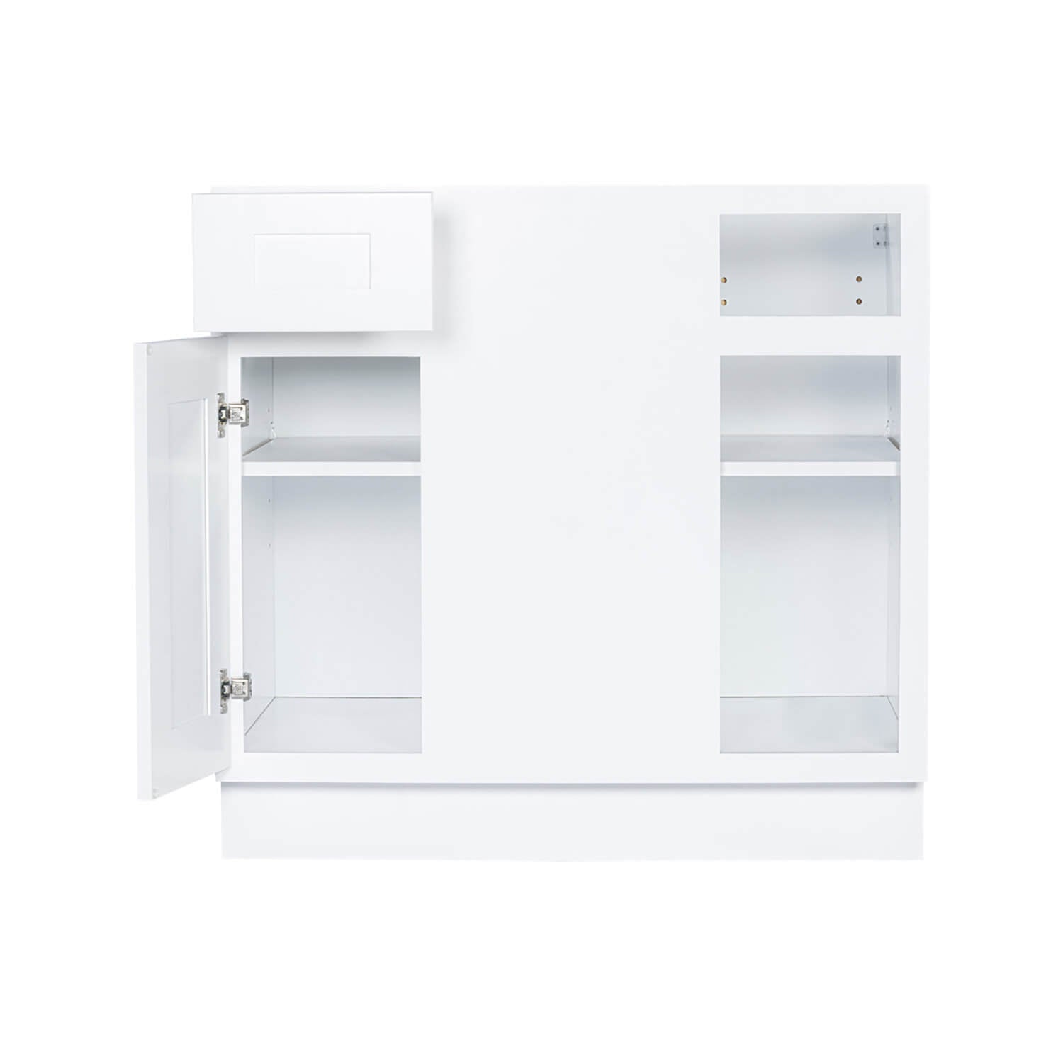 White cabinet with open door on a white background