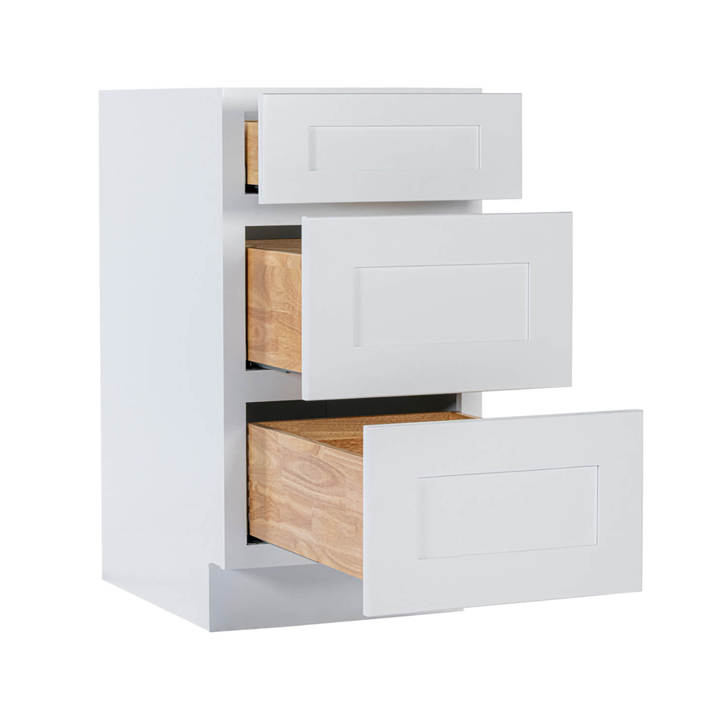 White cabinet with wooden drawers on a white background