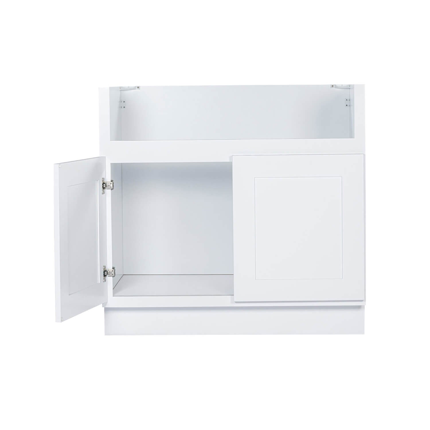 White cabinet with open door on a white background
