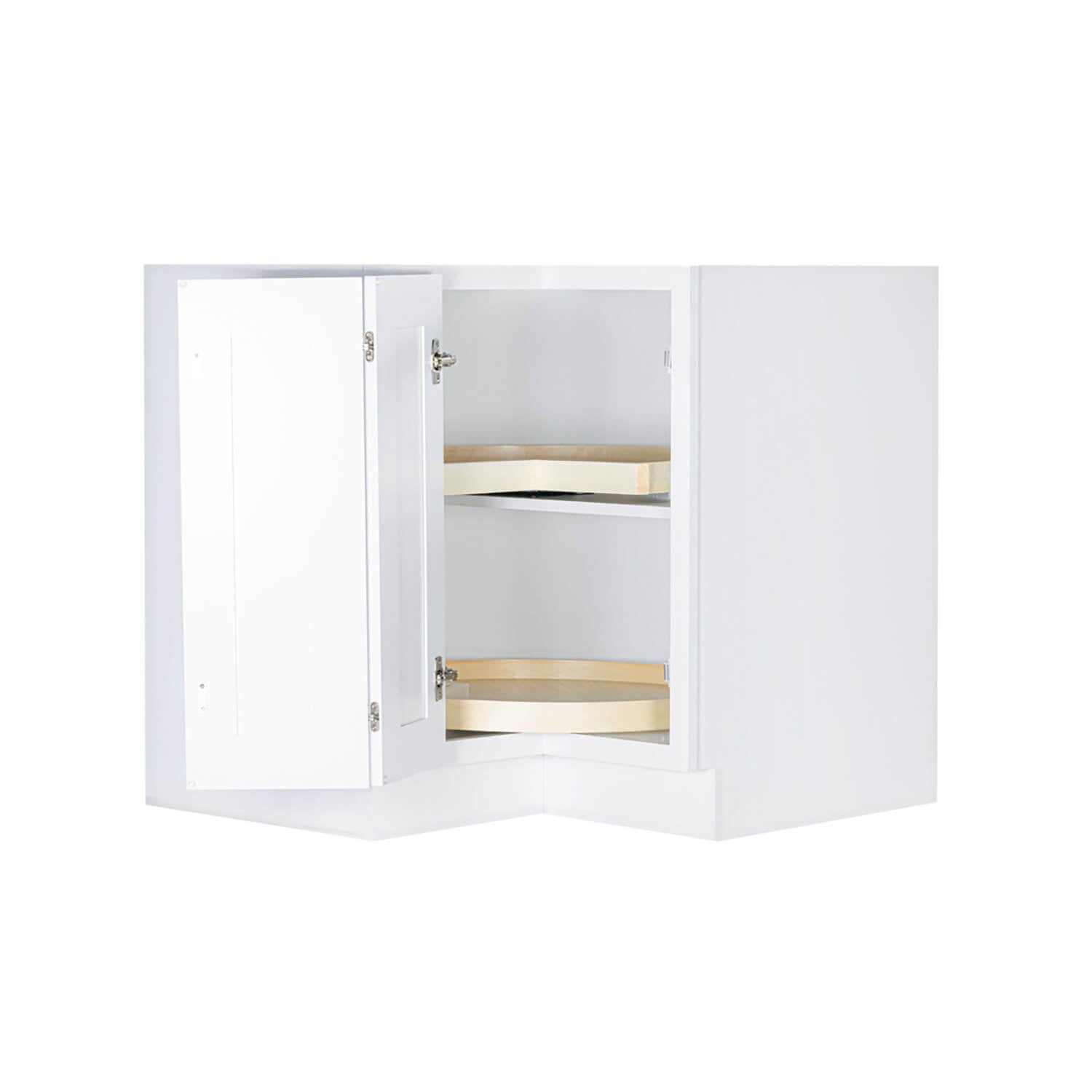 White corner cabinet with open door on a white background