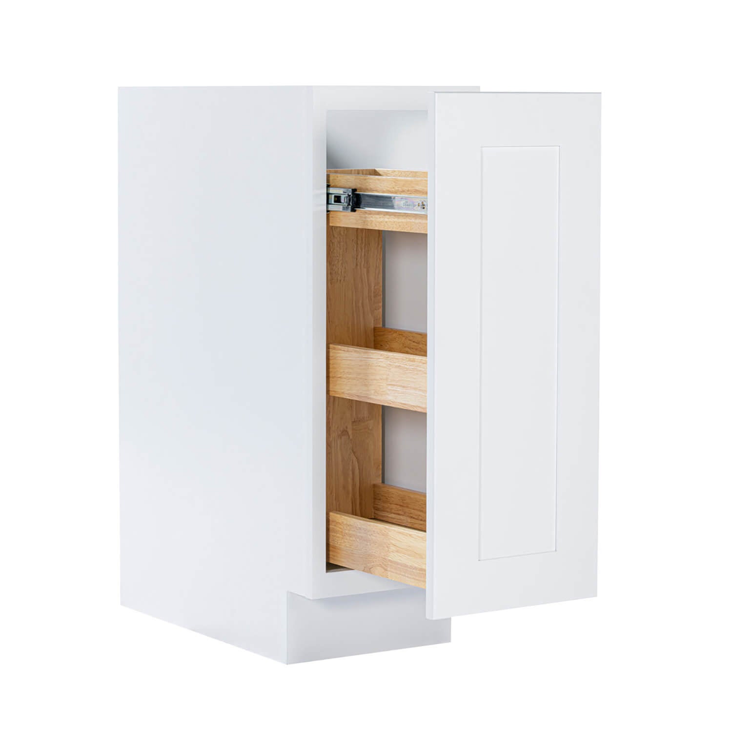 White cabinet with wooden shelves on a white background