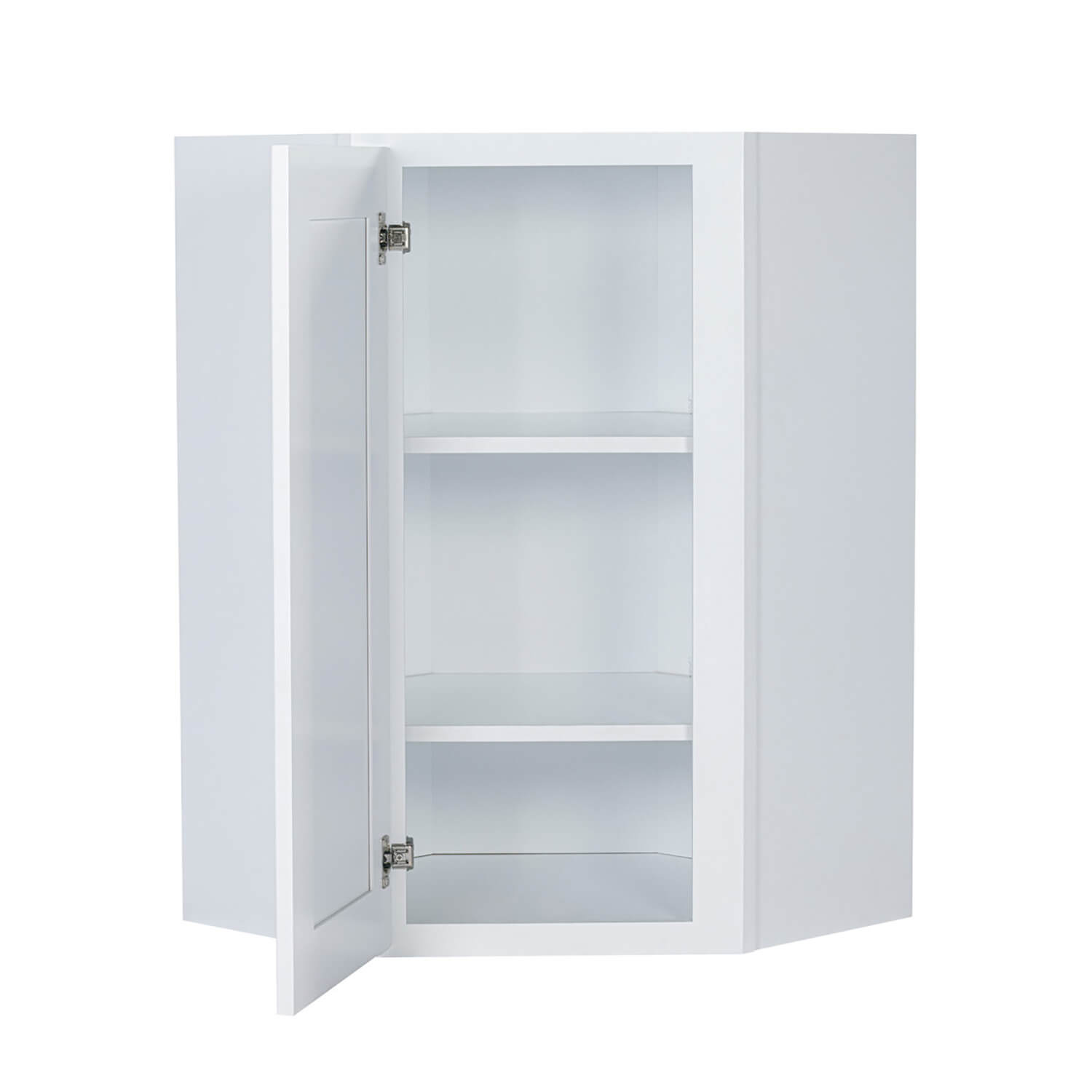White wall cabinet with open door on a white background