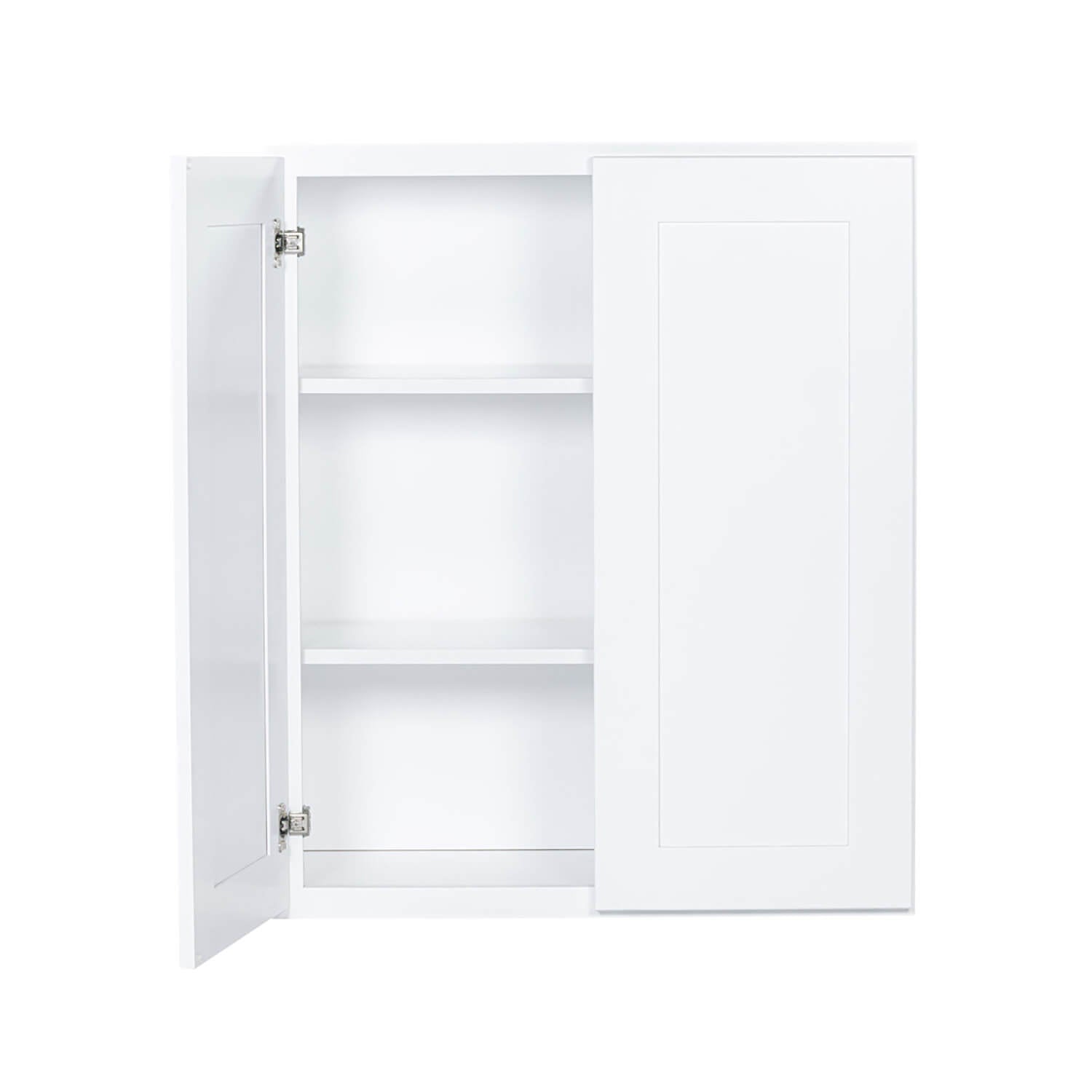 White wall cabinet with one door open on a white background