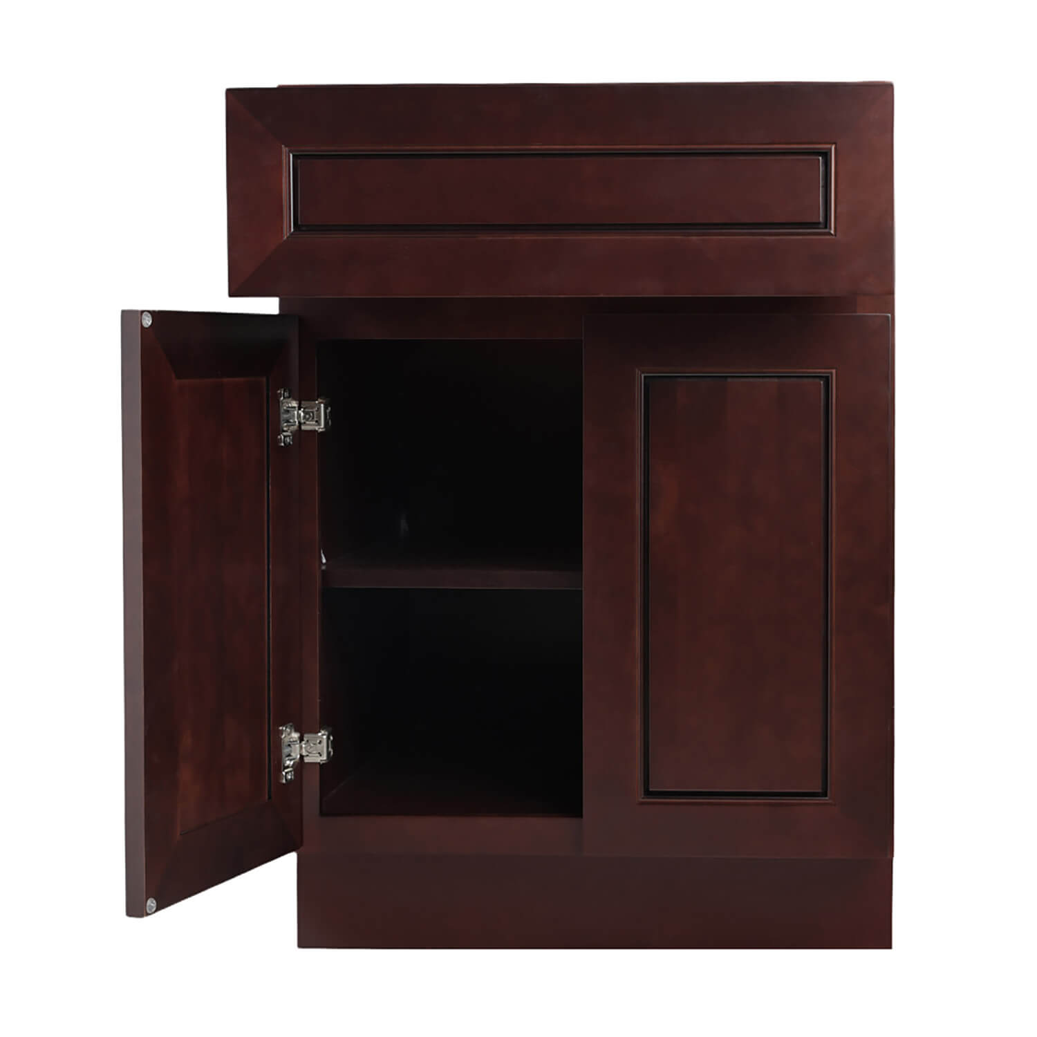 Wooden cabinet with one door open on a white background