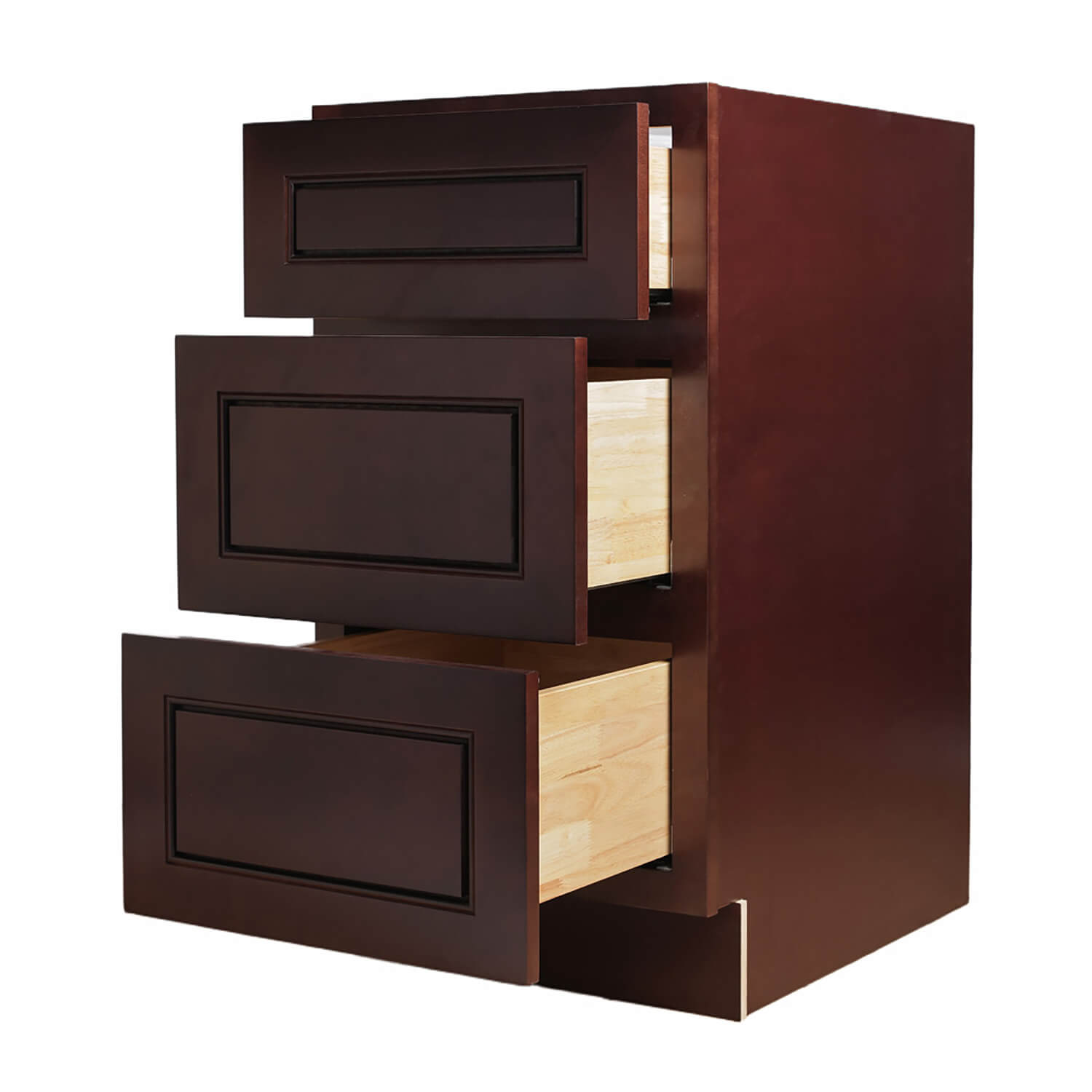 Wooden drawer unit with three drawers on a white background