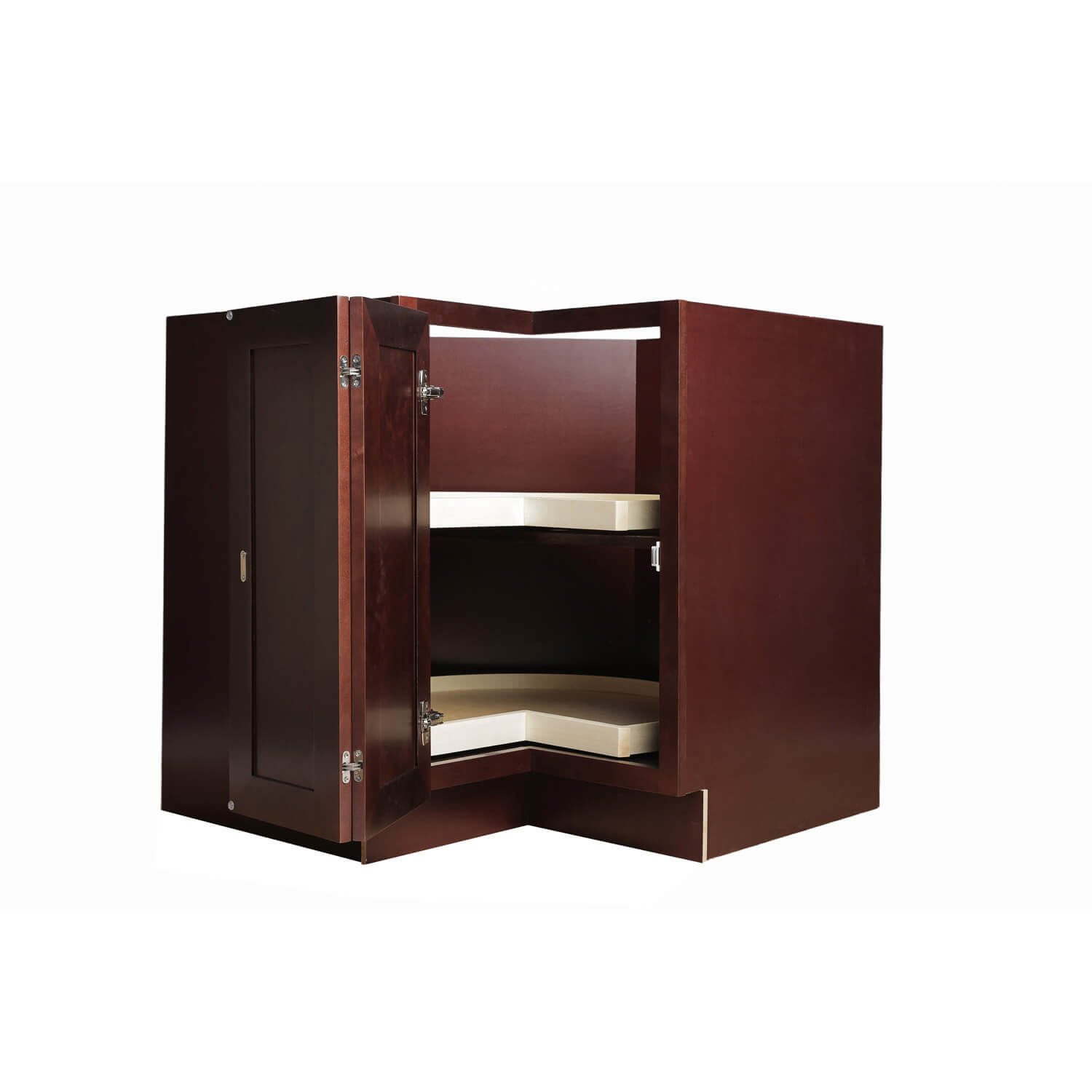 Wooden corner cabinet with open doors on a white background