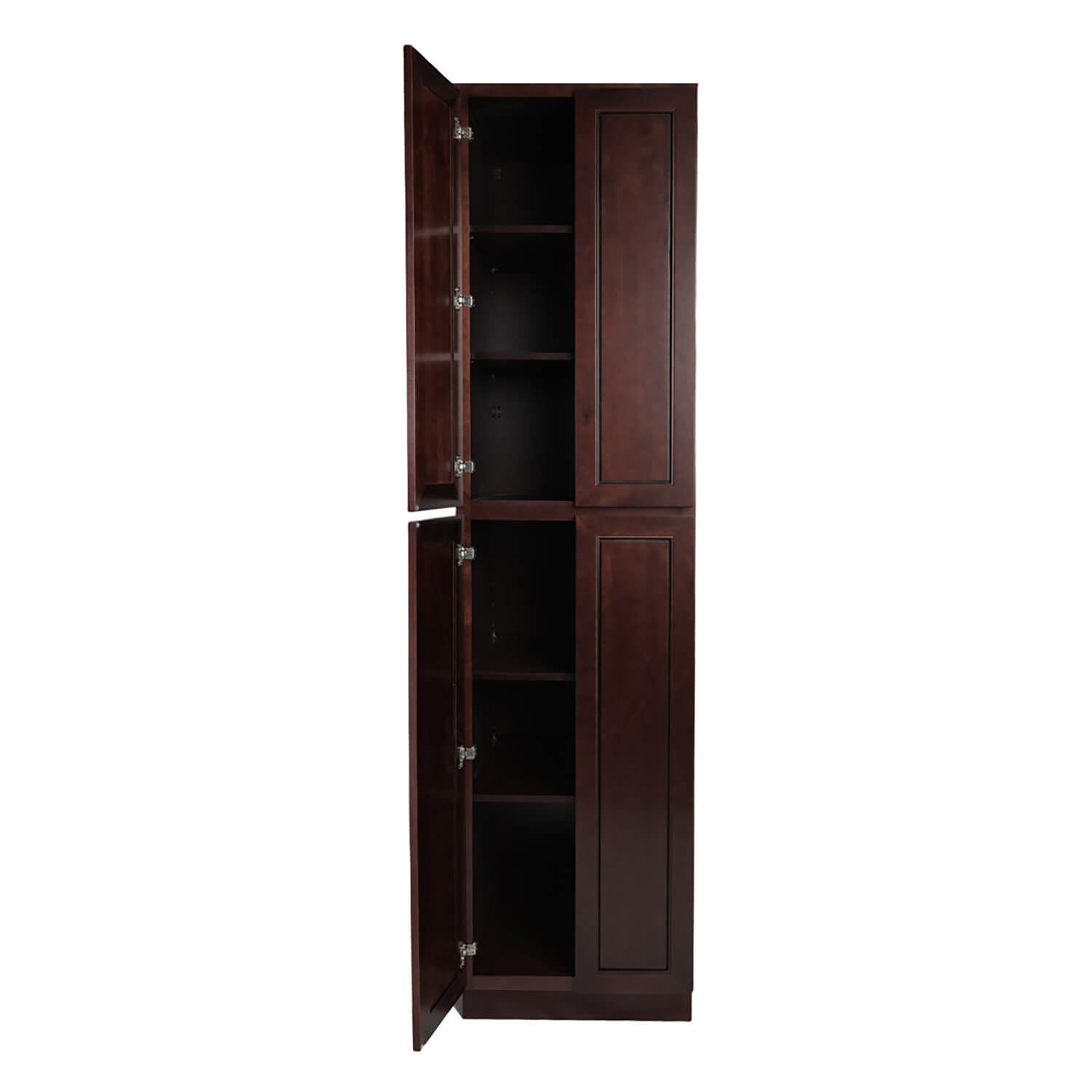 Wooden cabinet with open doors on a white background