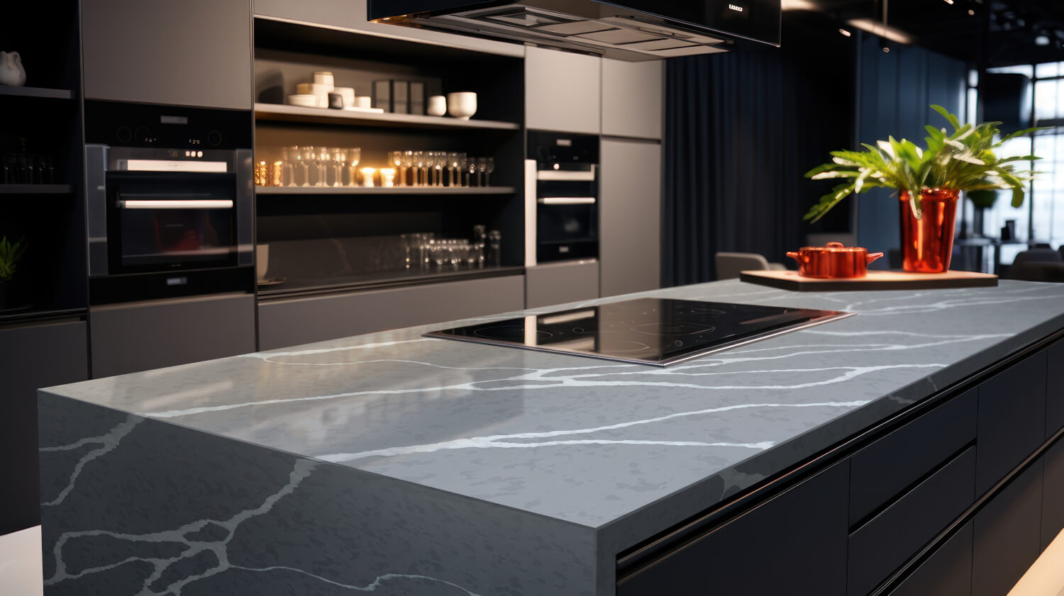 Modern kitchen with gray marble island and stainless steel appliances