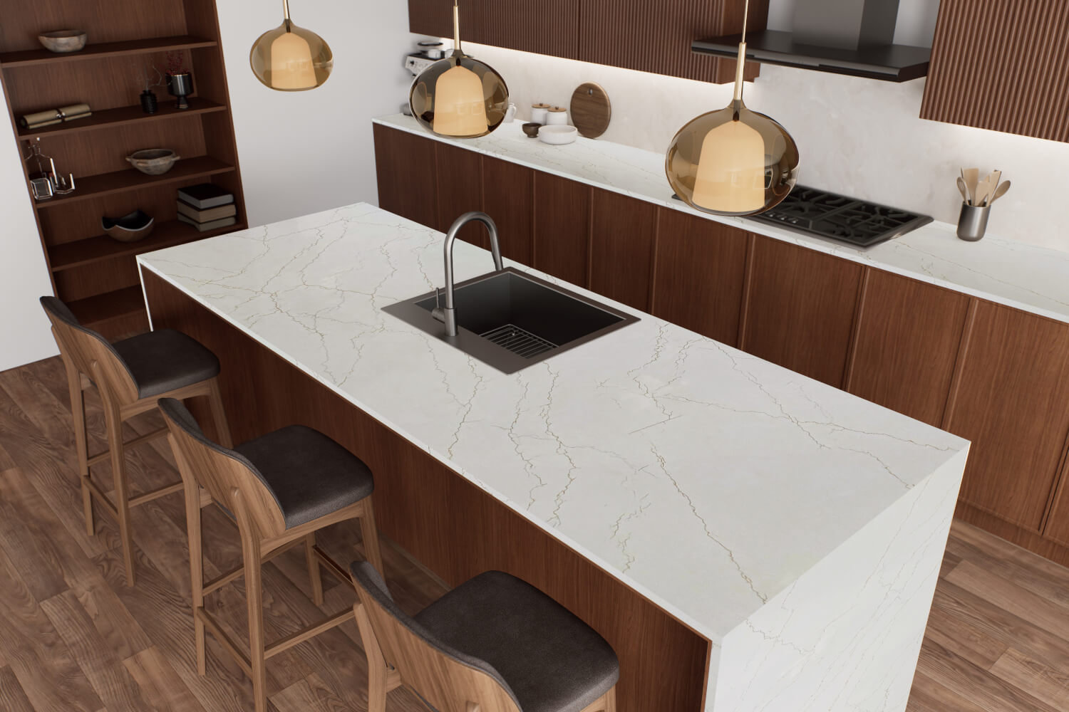 Modern kitchen with a large island featuring a sink, surrounded by bar stools.