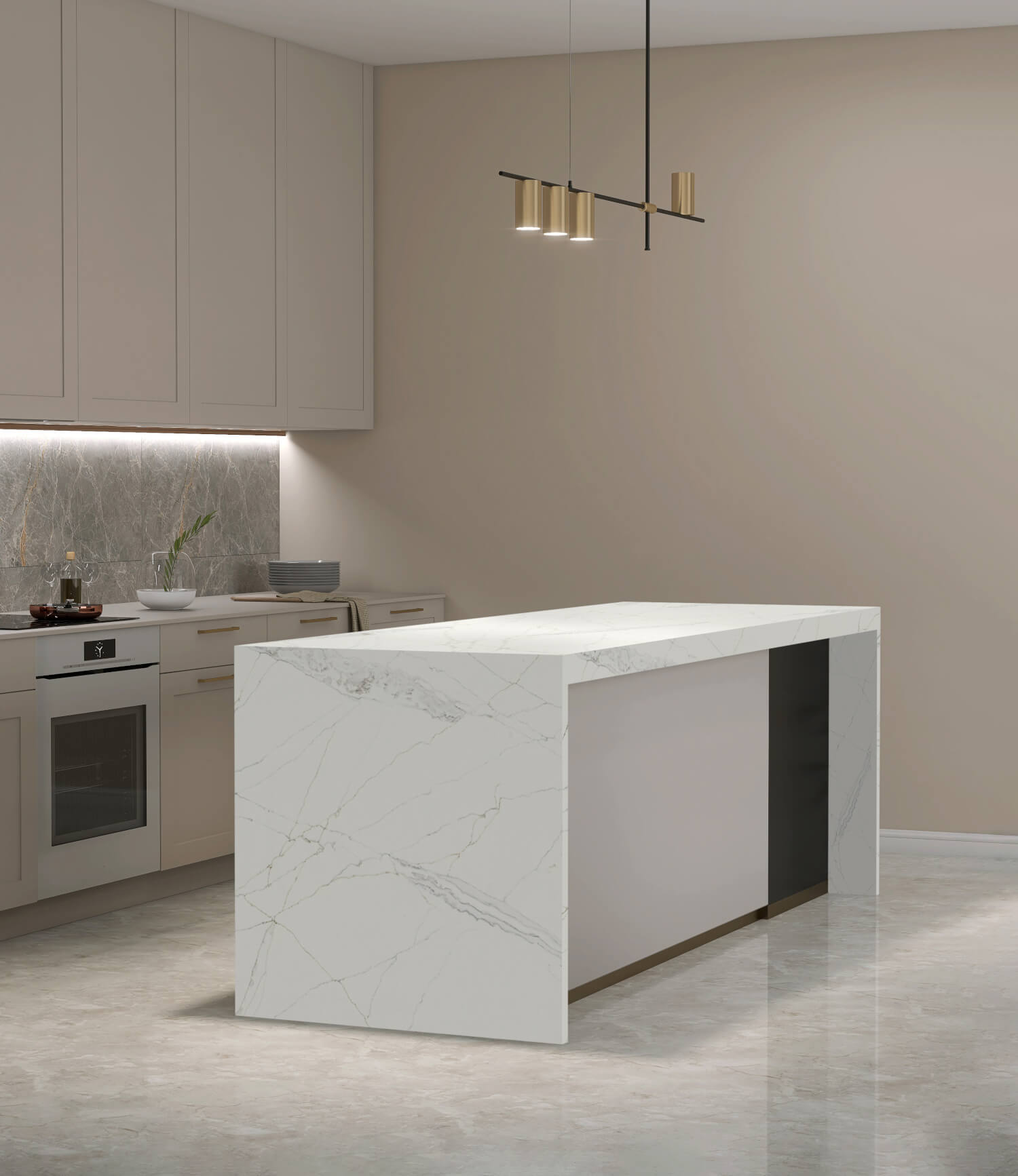 Modern kitchen with a white marble island and neutral color scheme.