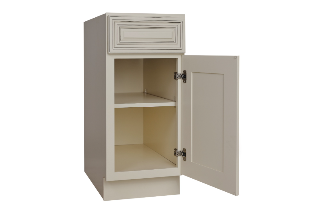 Freestanding beige cabinet shown with its lower door open, revealing two empty compartments beneath a paneled drawer.