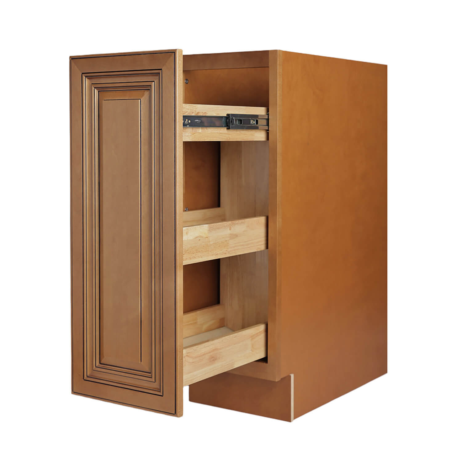 Wooden cabinet with open shelf and drawer on a white background