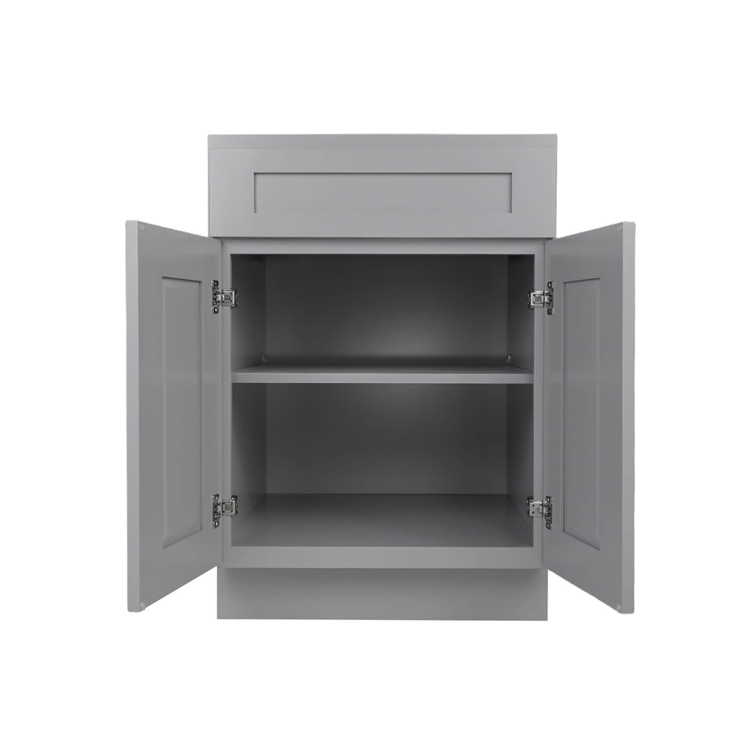 Gray cabinet with open doors on a white background