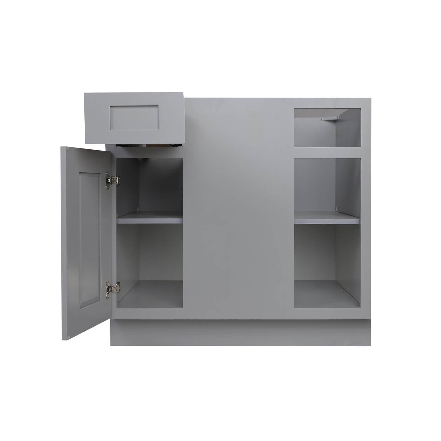 Gray cabinet with open door on a white background