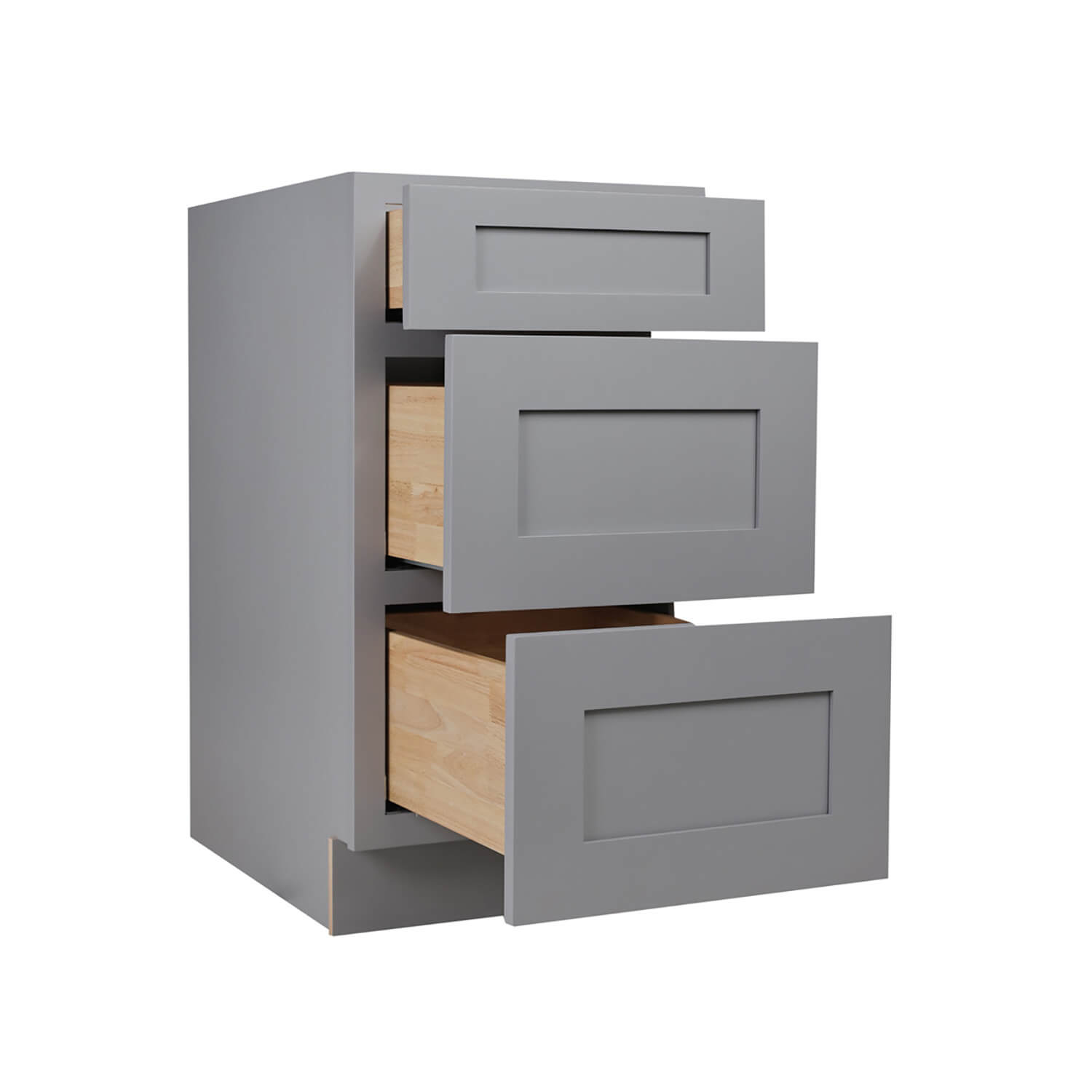 Gray cabinet with three drawers on a white background