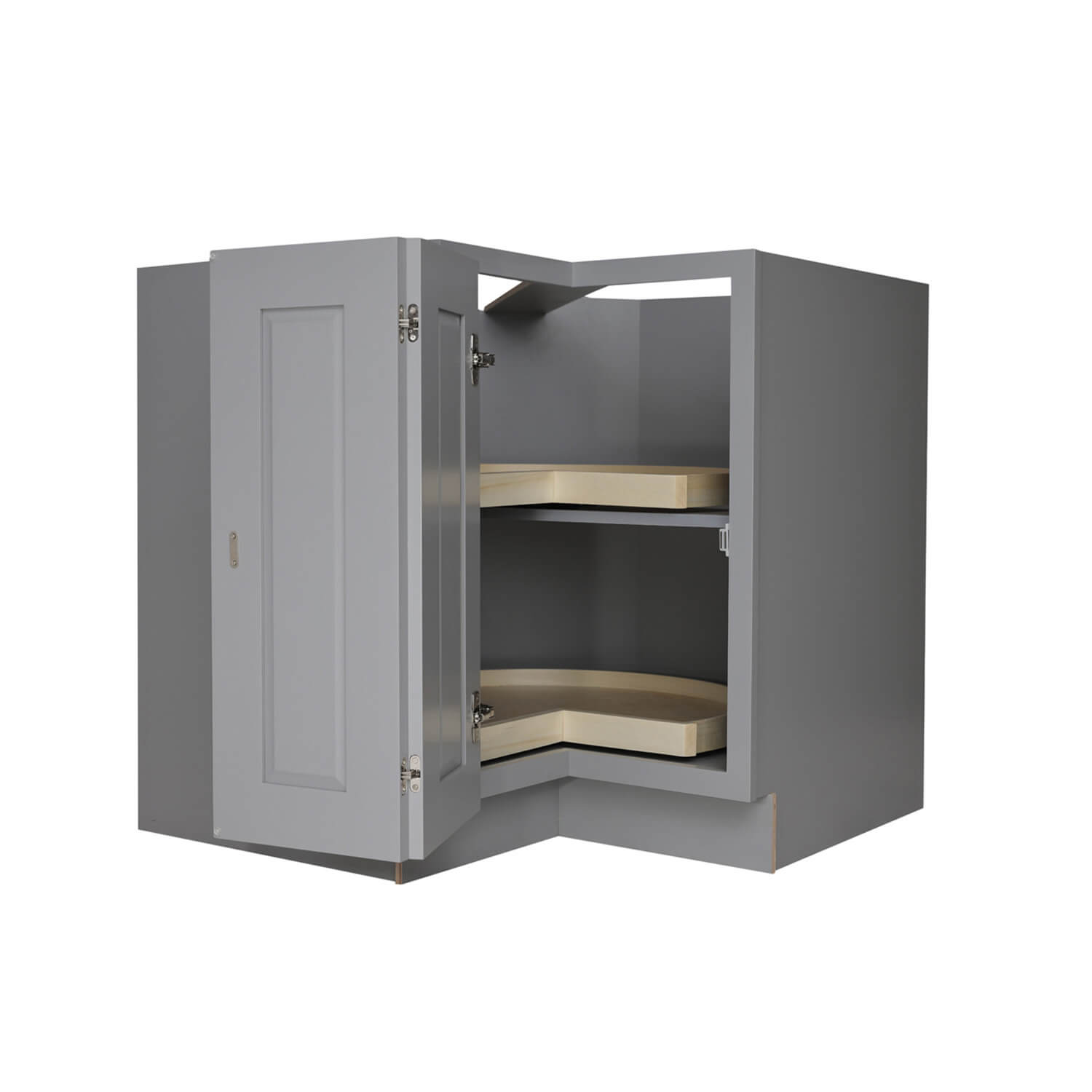 Gray corner cabinet with open doors on a white background