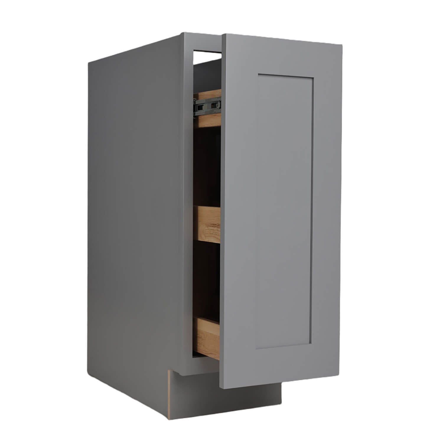 Gray cabinet with open door revealing wooden shelves on a white background