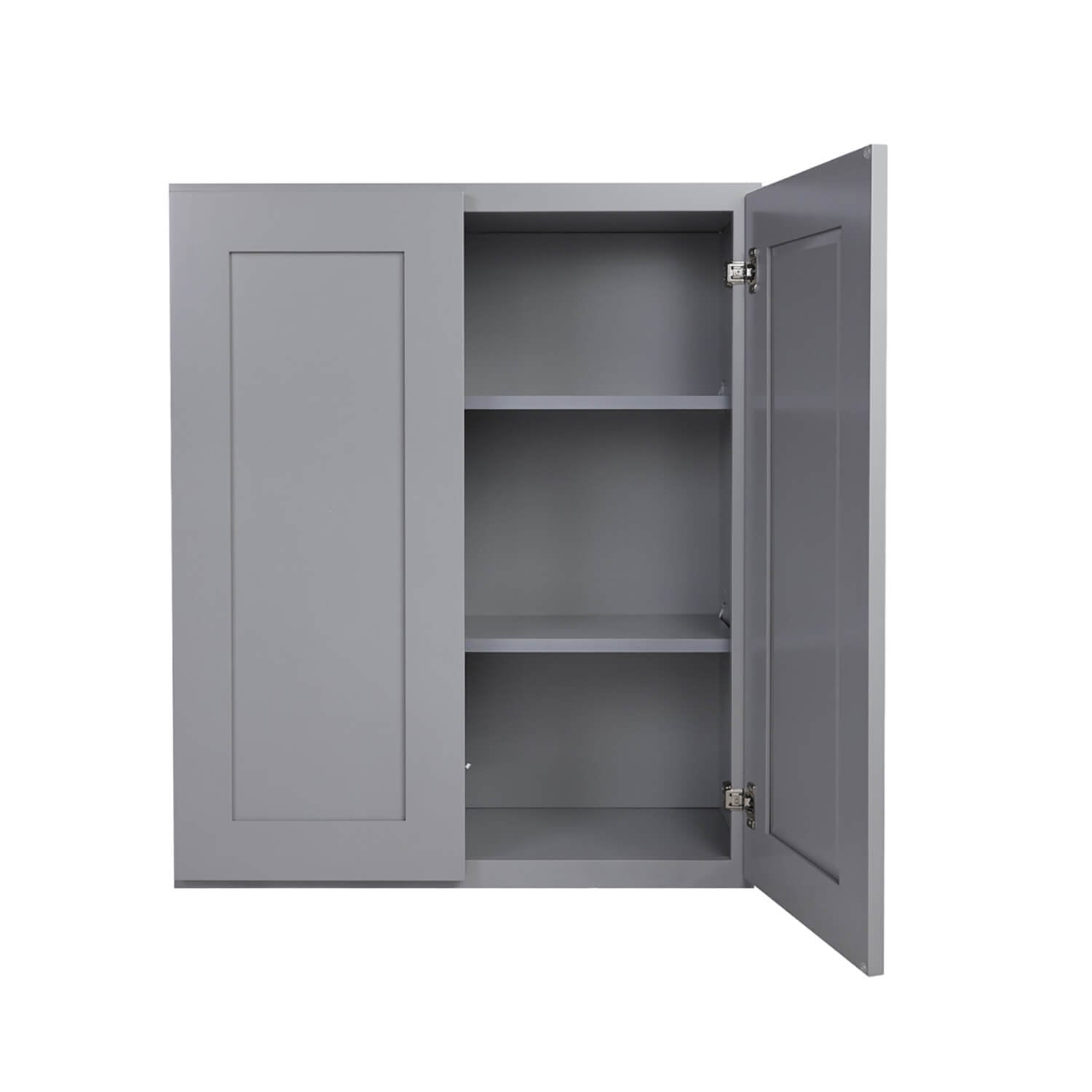 Gray cabinet with open doors on a white background