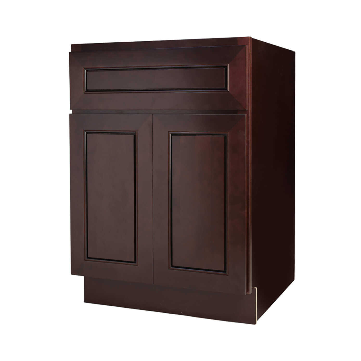 Dark brown cabinet with two doors on a white background