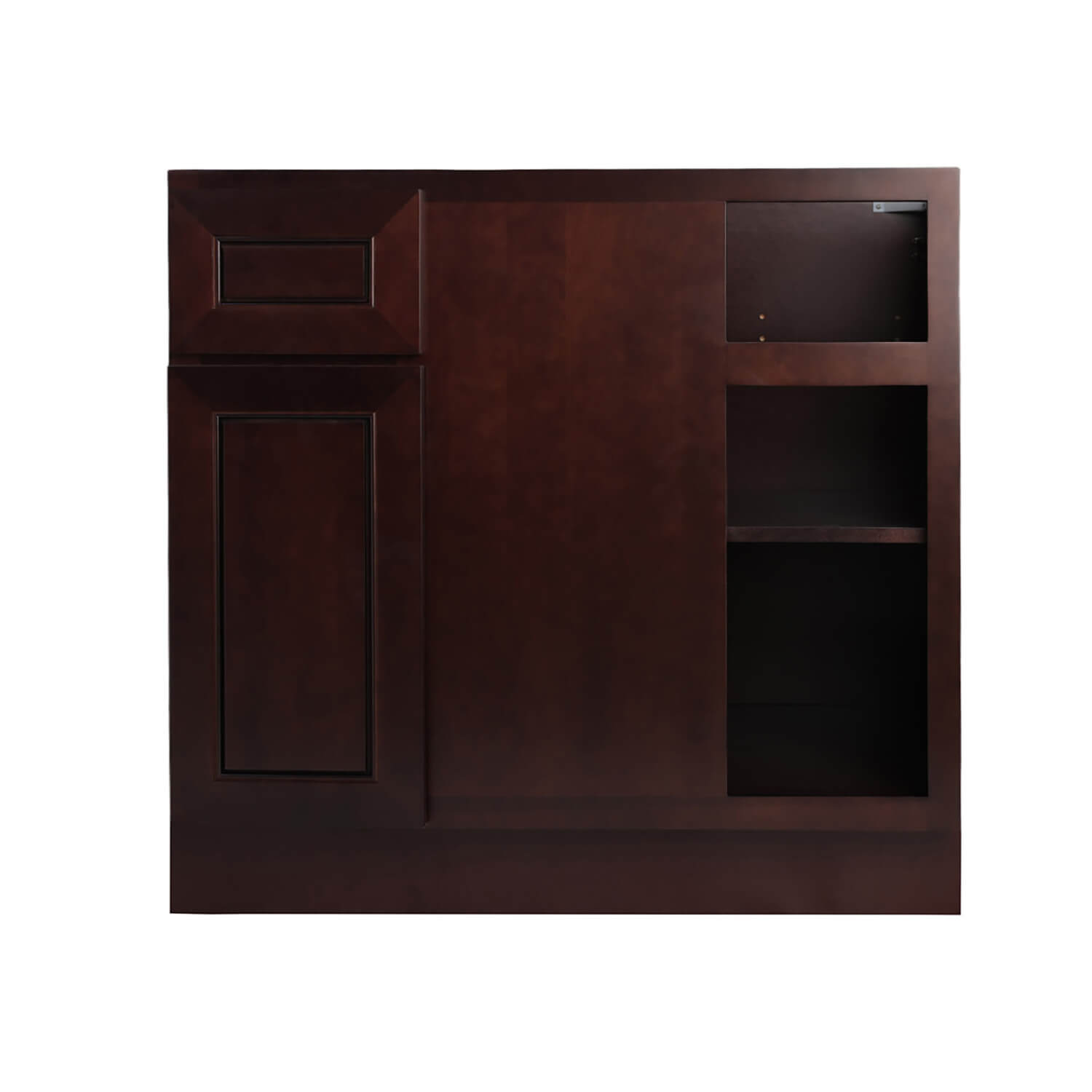 Dark wood cabinet with two doors and a shelf on a white background