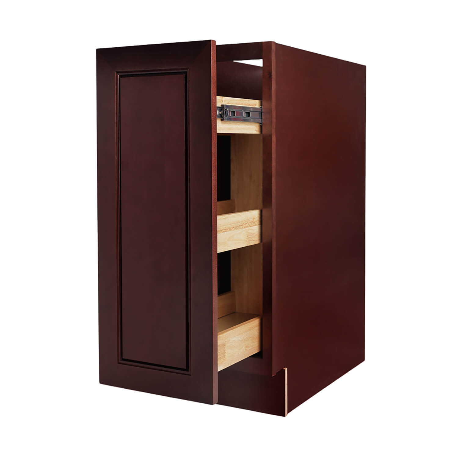 Brown cabinet with open door revealing wooden shelves on a white background