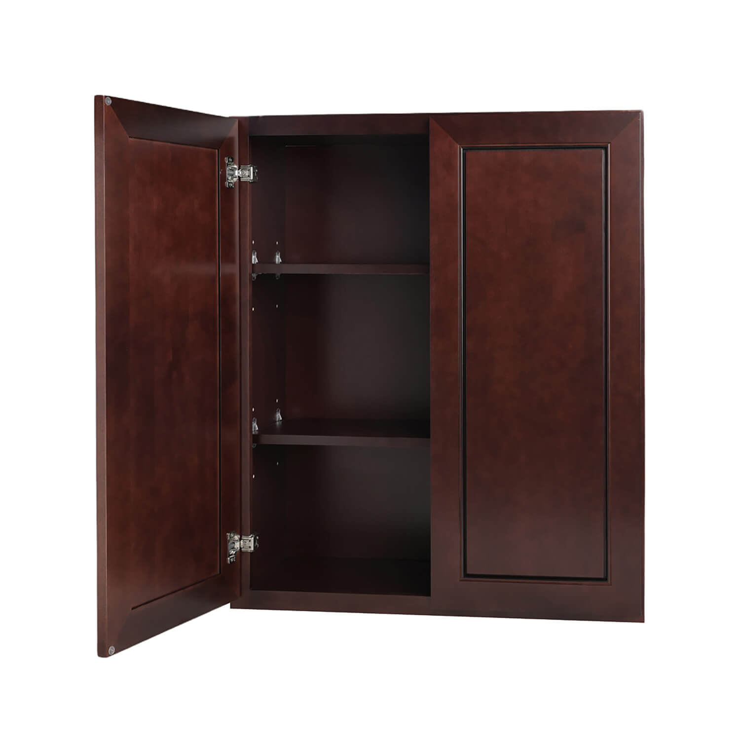 Wooden cabinet with open doors on a white background