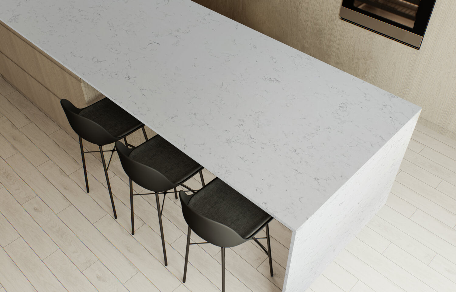 Modern kitchen with a long white countertop and black chairs.