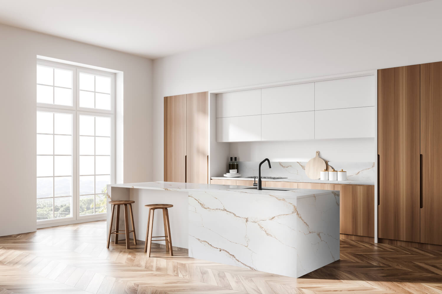 Modern kitchen with marble island and wooden cabinets