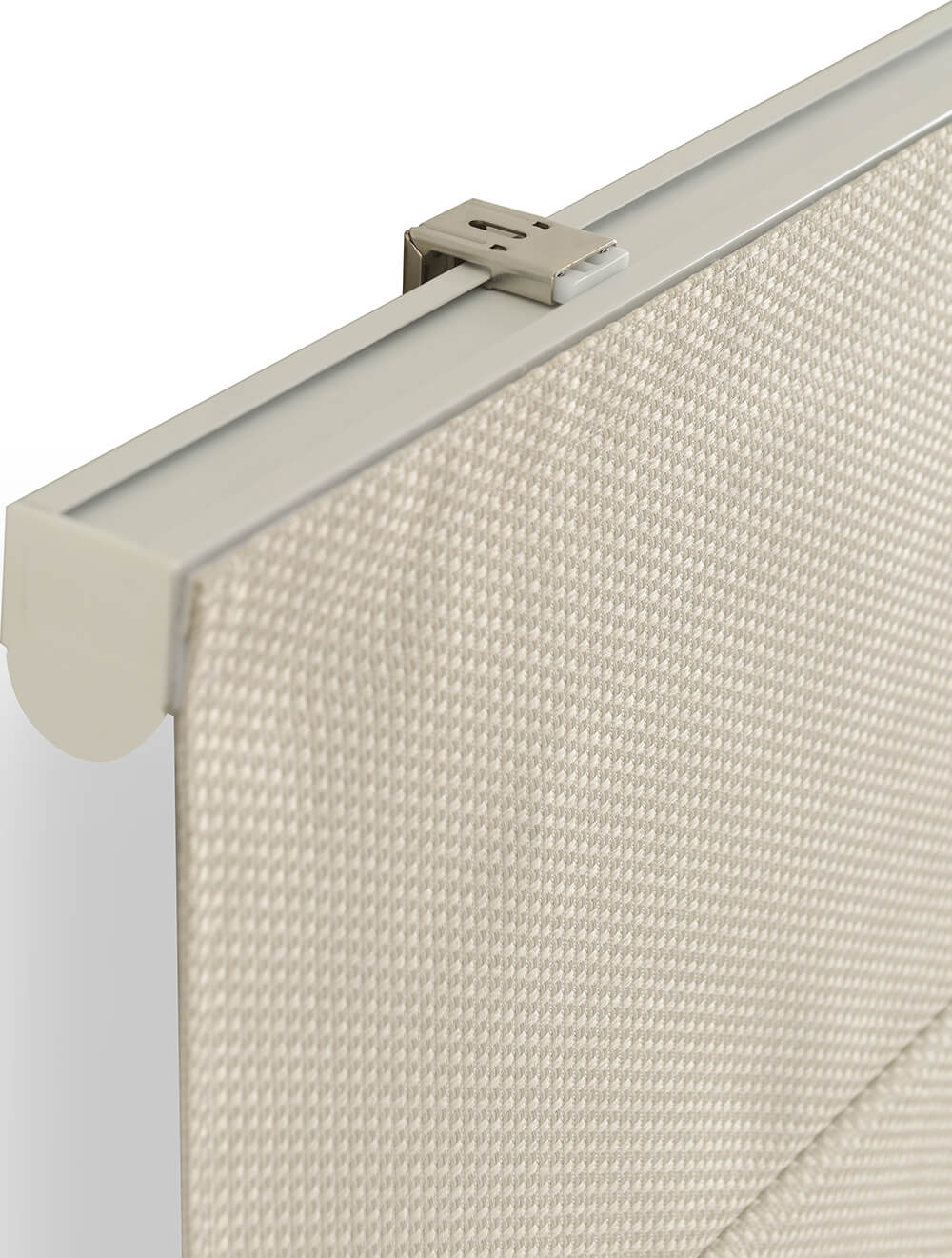 Close-up of a beige air filter with a metal bracket on a white background